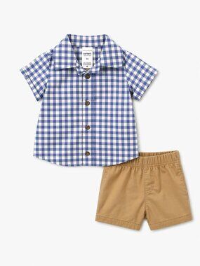 NWT Carter’s Baby Boy 2 Piece Set Blue Gingham Shirt & Khaki Shorts Outfit